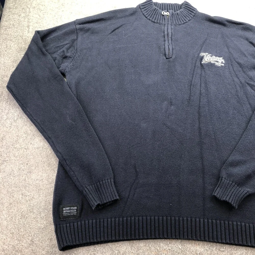 Victory Motorcycles Sweater Mens 3XL Blue 1/4 Zip Mock Neck Knit Pullover Logo
